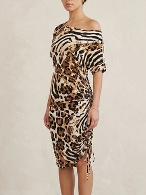 CACHE Mixed Animal Print Asymmetrical Ruched Midi Dress Medium